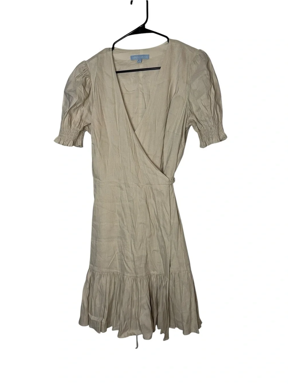 ANTONIO MELANI Beige Wrap Mini Dress with Puff Sleeves - Picture 2 of 6